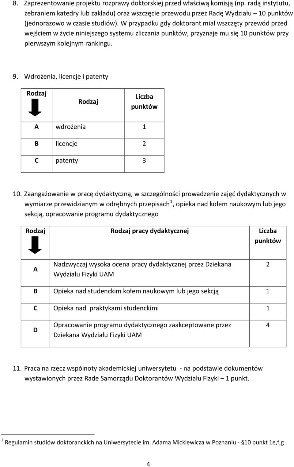 W przypadku gdy doktorant miał wszczęty przewód przed wejściem w życie niniejszego systemu zliczania punktów, przyznaje mu się 10 punktów przy pierwszym kolejnym rankingu. 9.