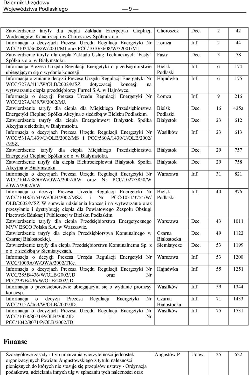 Informacja o zmianie decyzji Prezesa Urzędu Regulacji Energetyki Nr WCC/727A/411/W/OLB/2002/MSZ dotyczącej koncesji na wytwarzanie ciepła przedsiębiorcy Furnel S.A. w Hajnówce.