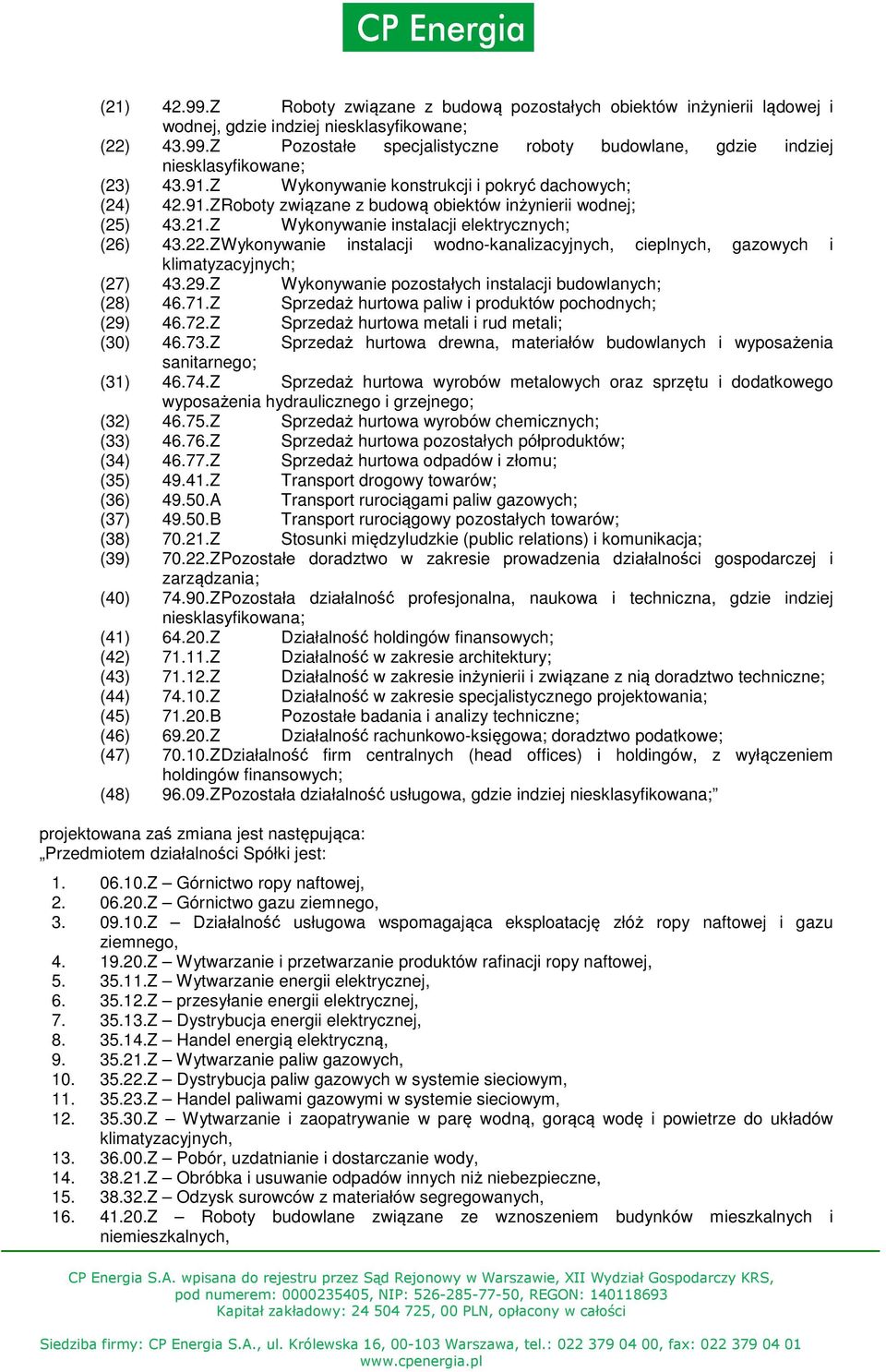 Z Wykonywanie instalacji wodno-kanalizacyjnych, cieplnych, gazowych i klimatyzacyjnych; (27) 43.29.Z Wykonywanie pozostałych instalacji budowlanych; (28) 46.71.