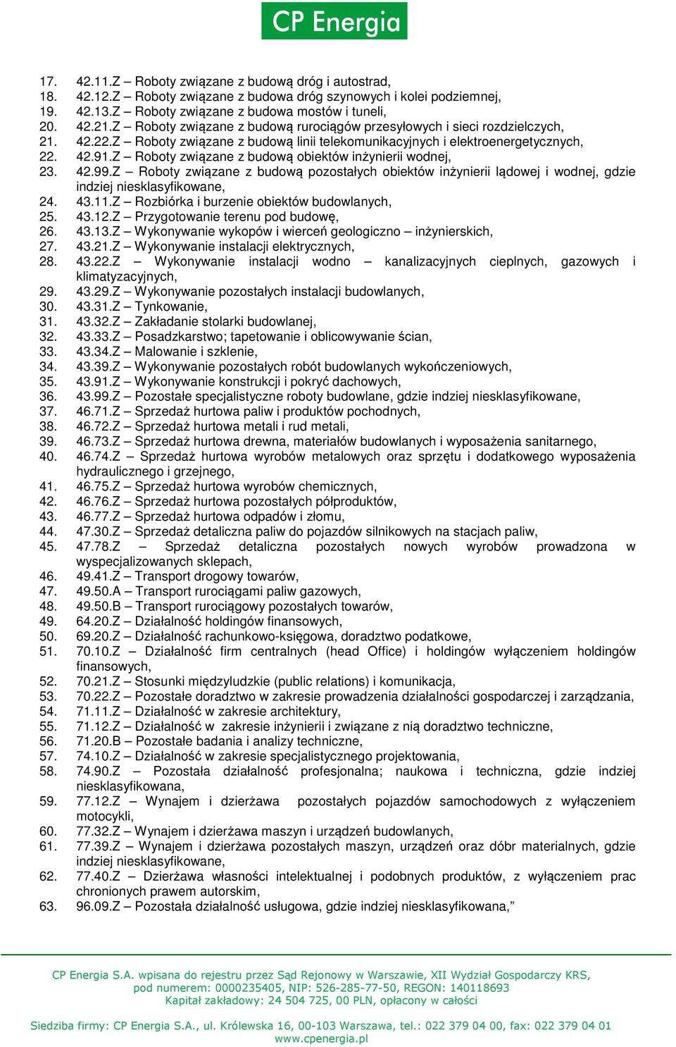 Z Roboty związane z budową obiektów inżynierii wodnej, 23. 42.99.Z Roboty związane z budową pozostałych obiektów inżynierii lądowej i wodnej, gdzie indziej niesklasyfikowane, 24. 43.11.