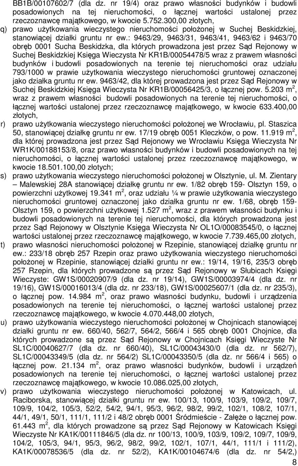 : 9463/29, 9463/31, 9463/41, 9463/62 i 9463/70 obręb 0001 Sucha Beskidzka, dla których prowadzona jest przez Sąd Rejonowy w Suchej Beskidzkiej Księga Wieczysta Nr KR1B/00054478/5 wraz z prawem