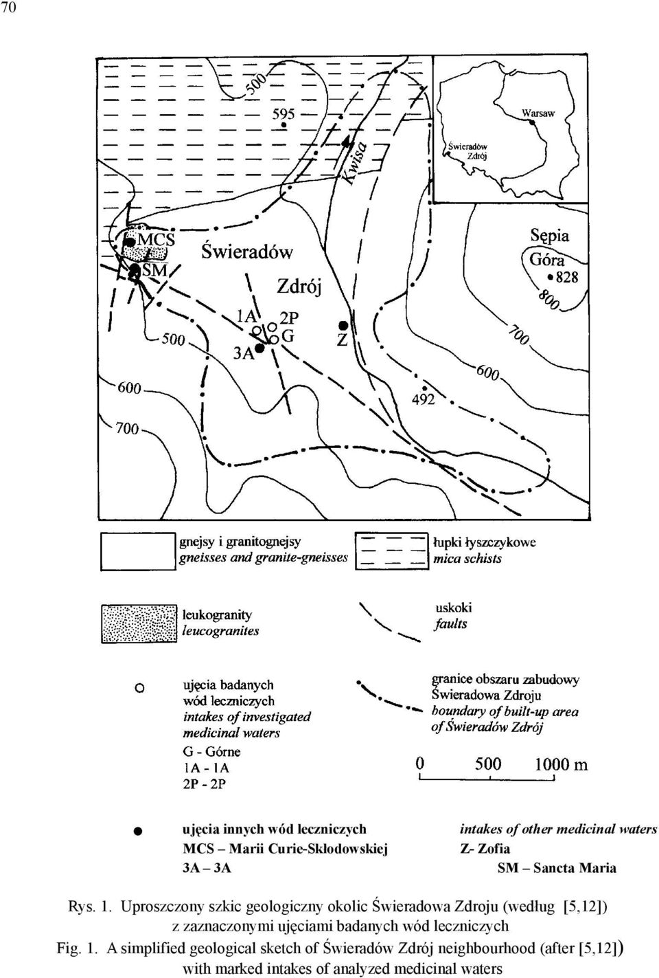 Uproszczony szkic geologiczny okolic Świeradowa Zdroju (według [5,12]) z zaznaczonymi ujęciami