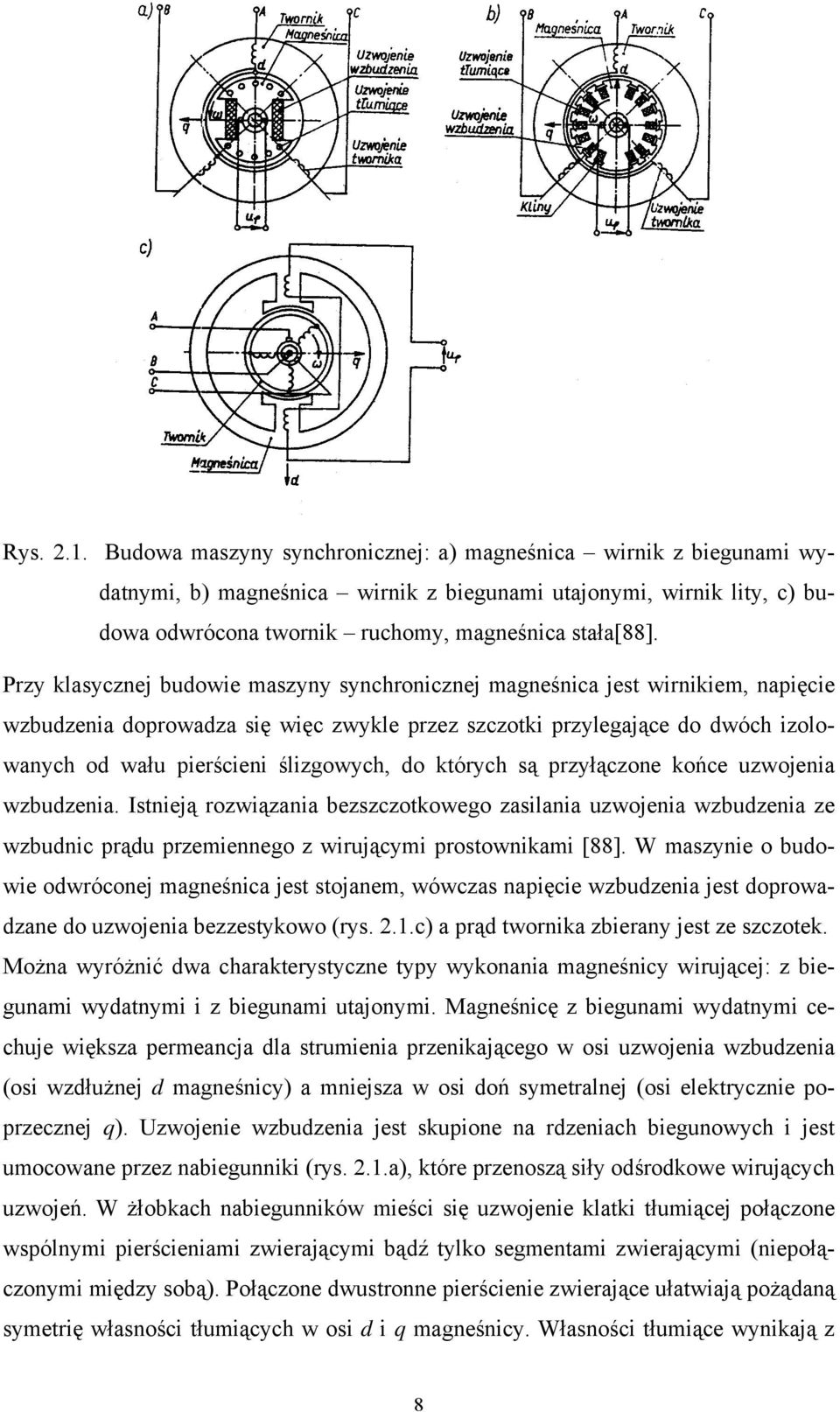 ślizgowych, do których są przyłączone końce uzwojenia wzbudzenia. Istnieją rozwiązania bezszczotkowego zasilania uzwojenia wzbudzenia ze wzbudnic prądu przemiennego z wirującymi prostownikami [88].