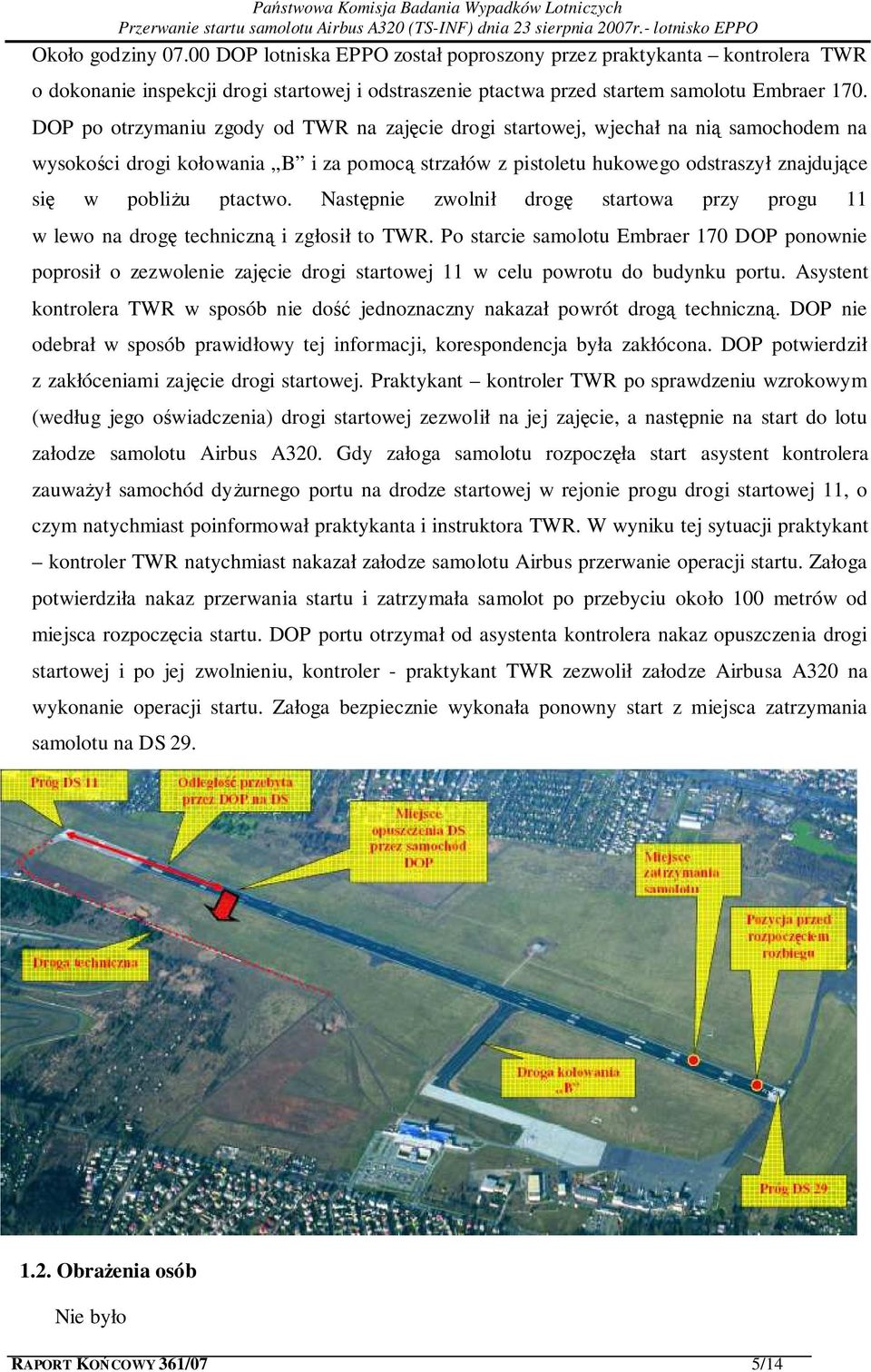 ptactwo. Następnie zwolnił drogę startowa przy progu 11 w lewo na drogę techniczną i zgłosił to TWR.