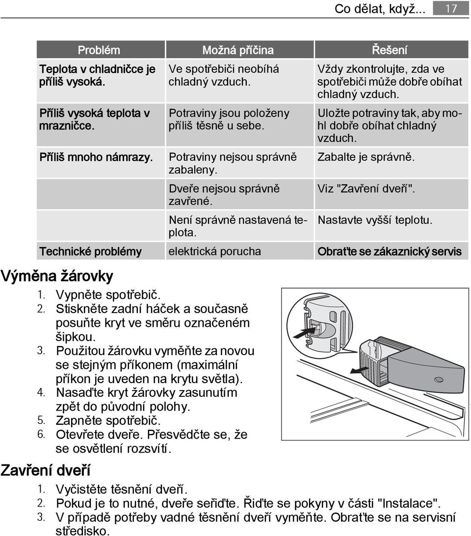 Vždy zkontrolujte, zda ve spotřebiči může dobře obíhat chladný vzduch. Uložte potraviny tak, aby mohl dobře obíhat chladný vzduch. Zabalte je správně. Viz "Zavření dveří". Nastavte vyšší teplotu.