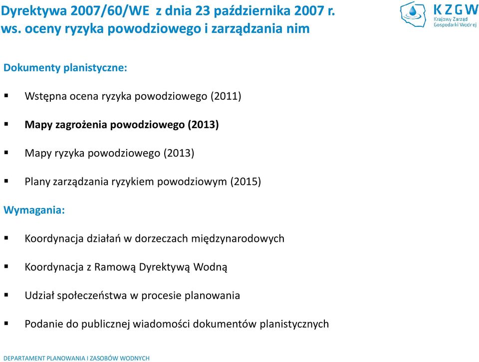 zagrożenia powodziowego (2013) Mapy ryzyka powodziowego (2013) Plany zarządzania ryzykiem powodziowym (2015) Wymagania: