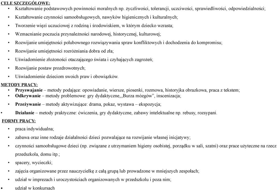 środowiskiem, w którym dziecko wzrasta; Wzmacnianie poczucia przynależności narodowej, historycznej, kulturowej; Rozwijanie umiejętności polubownego rozwiązywania spraw konfliktowych i dochodzenia do