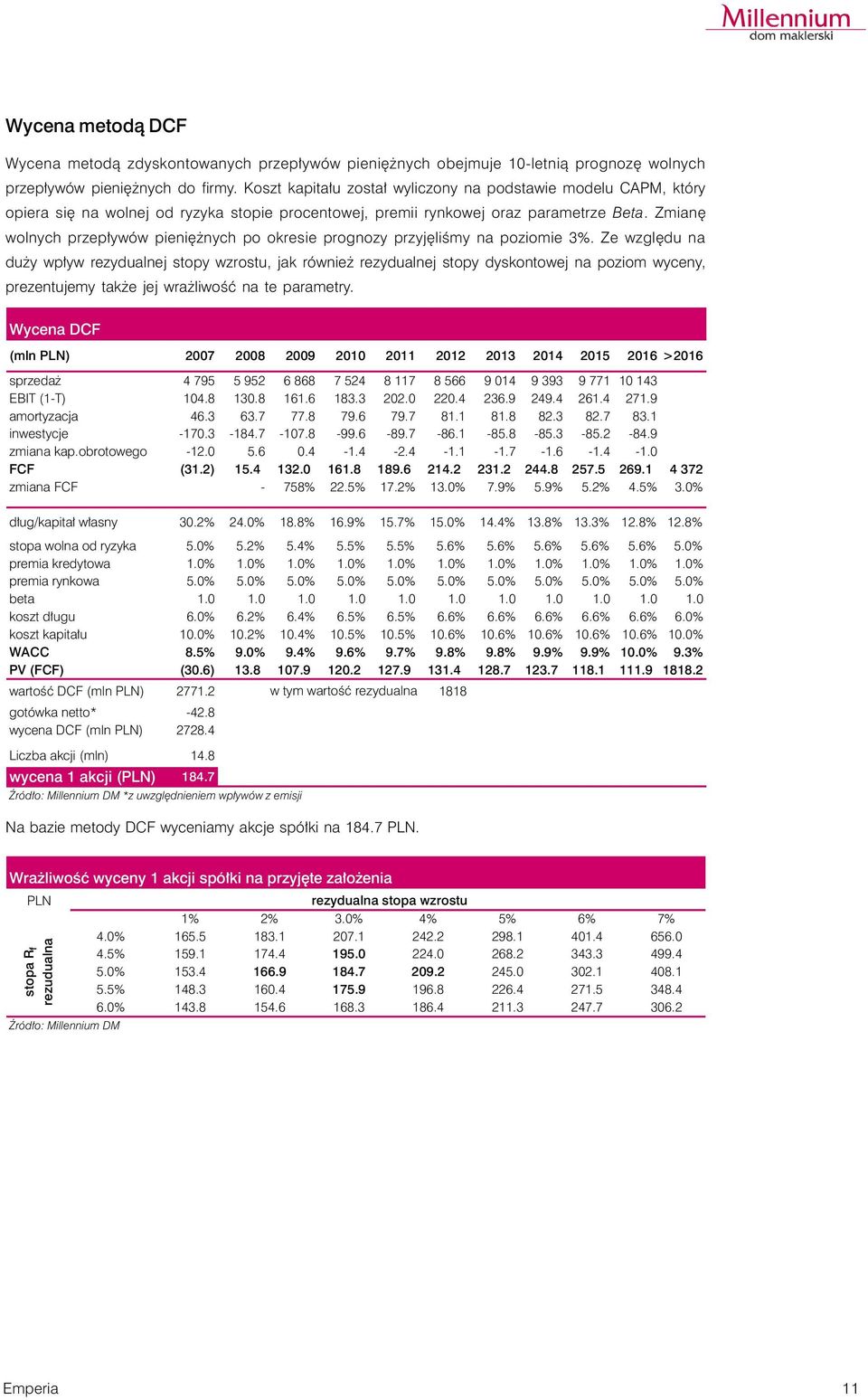 Zmianę wolnych przepływów pieniężnych po okresie prognozy przyjęliśmy na poziomie 3%.