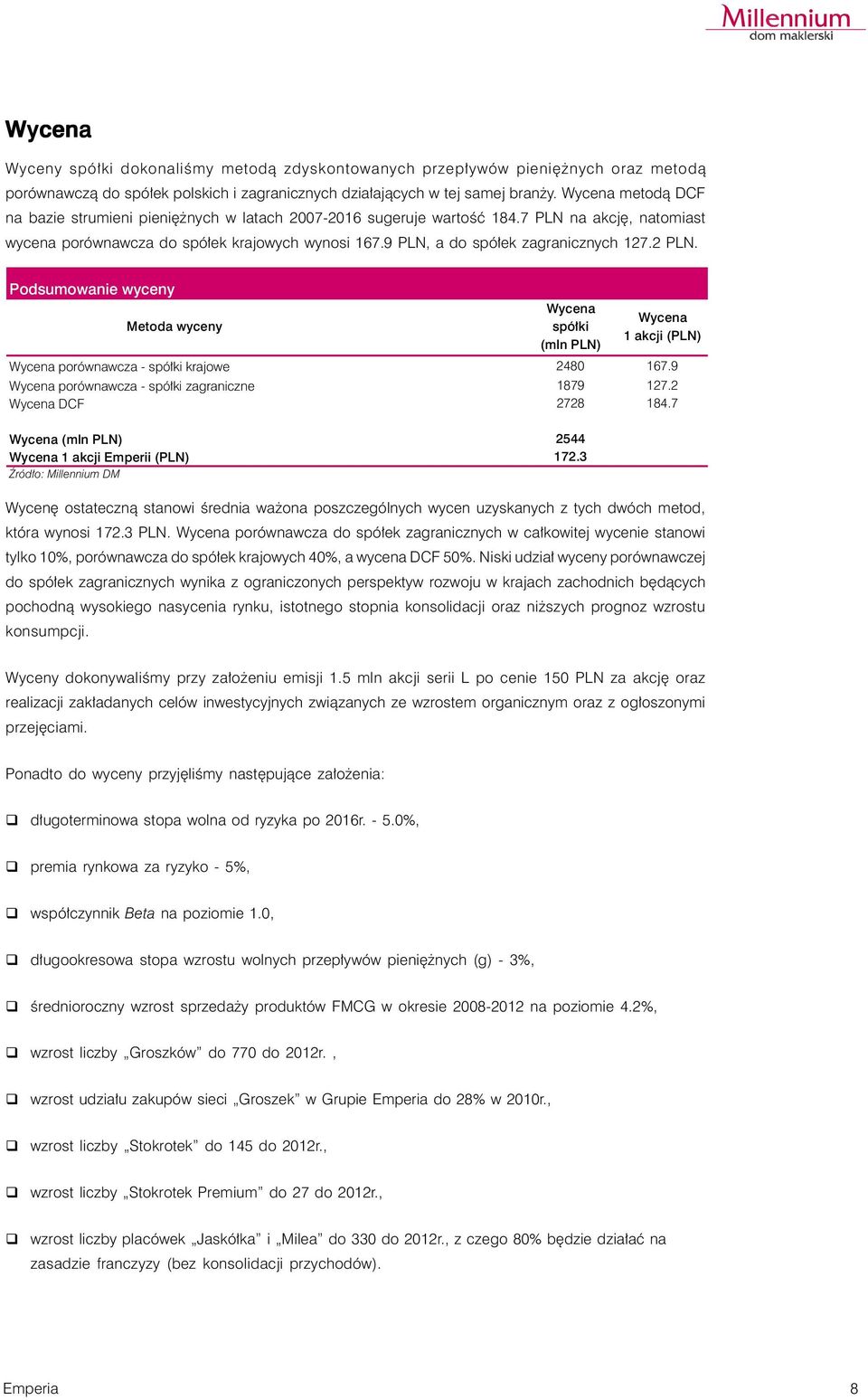 9 PLN, a do spółek zagranicznych 127.2 PLN. Podsumowanie wyceny Metoda wyceny Wycena porównawcza - spó³ki krajowe Wycena porównawcza - spó³ki zagraniczne Wycena DCF Wycena spó³ki (mln PLN) 2480 167.