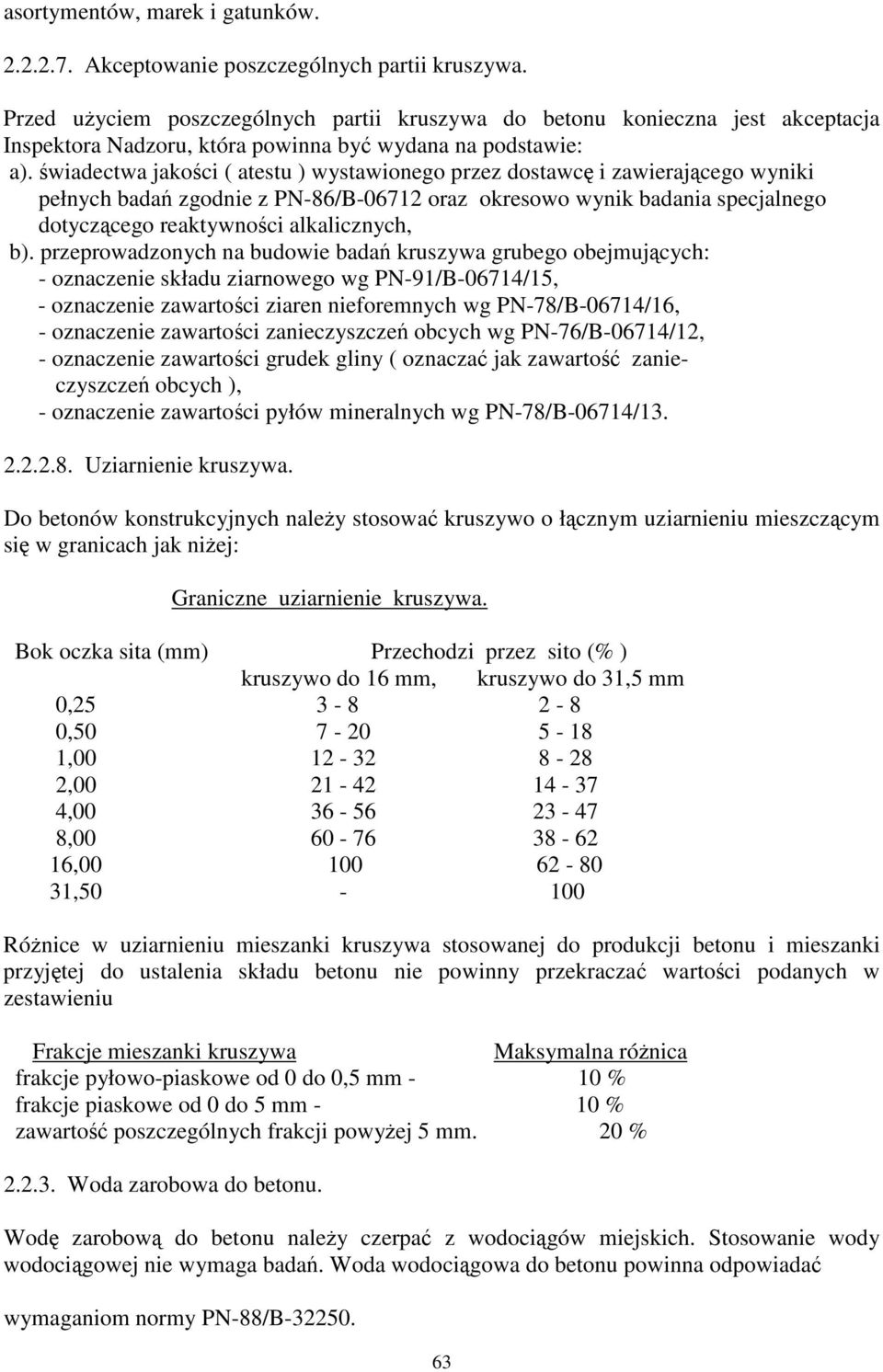 wiadectwa jakoci ( atestu ) wystawionego przez dostawc i zawierajcego wyniki pełnych bada zgodnie z PN-86/B-06712 oraz okresowo wynik badania specjalnego dotyczcego reaktywnoci alkalicznych, b).