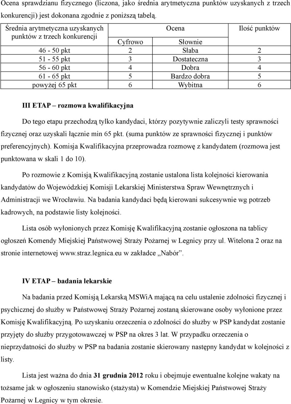 65 pkt 6 Wybitna 6 III ETAP rozmowa kwalifikacyjna Do tego etapu przechodzą tylko kandydaci, którzy pozytywnie zaliczyli testy sprawności fizycznej oraz uzyskali łącznie min 65 pkt.