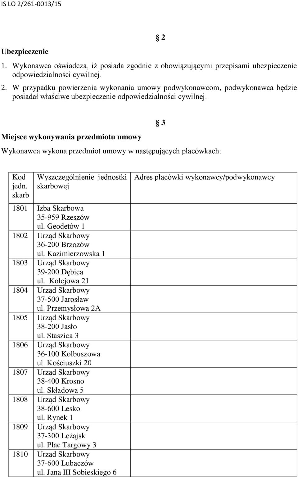 2 Miejsce wykonywania przedmiotu umowy Wykonawca wykona przedmiot umowy w następujących placówkach: 3 Kod jedn. skarb Wyszczególnienie jednostki skarbowej 1801 Izba Skarbowa 35-959 Rzeszów ul.