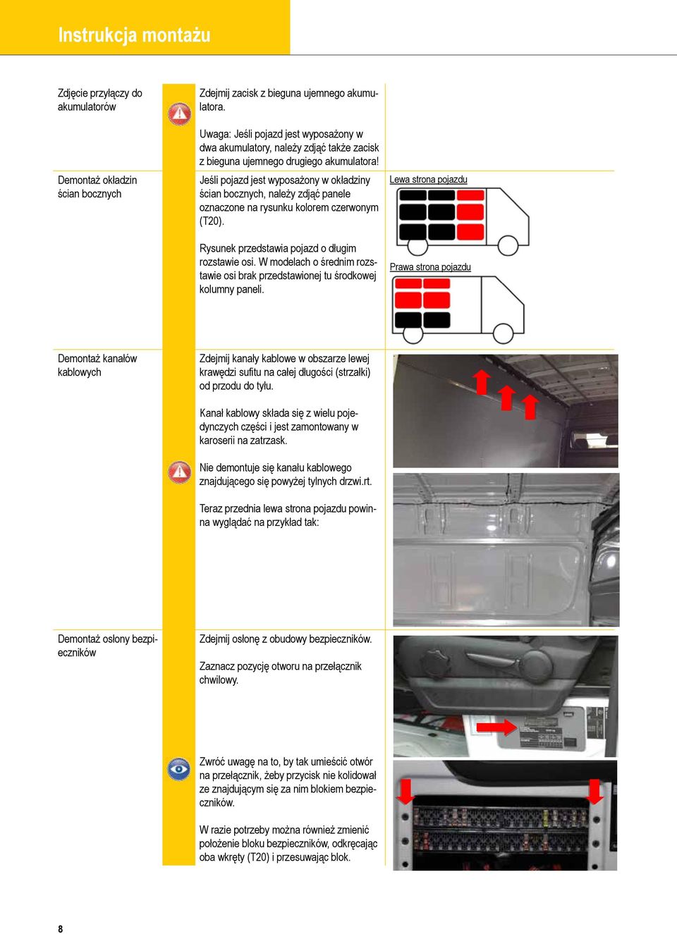 Jeśli pojazd jest wyposażony w okładziny ścian bocznych, należy zdjąć panele oznaczone na rysunku kolorem czerwonym (T20). Rysunek przedstawia pojazd o długim rozstawie osi.