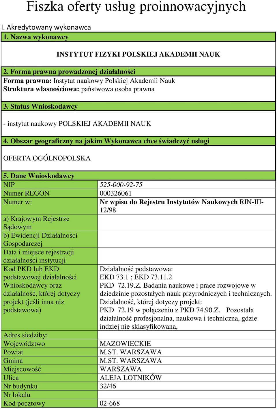 Status Wnioskodawcy - instytut naukowy POLSKIEJ AKADEMII NAUK 4. Obszar geograficzny na jakim Wykonawca chce świadczyć usługi OFERTA OGÓLNOPOLSKA 5.