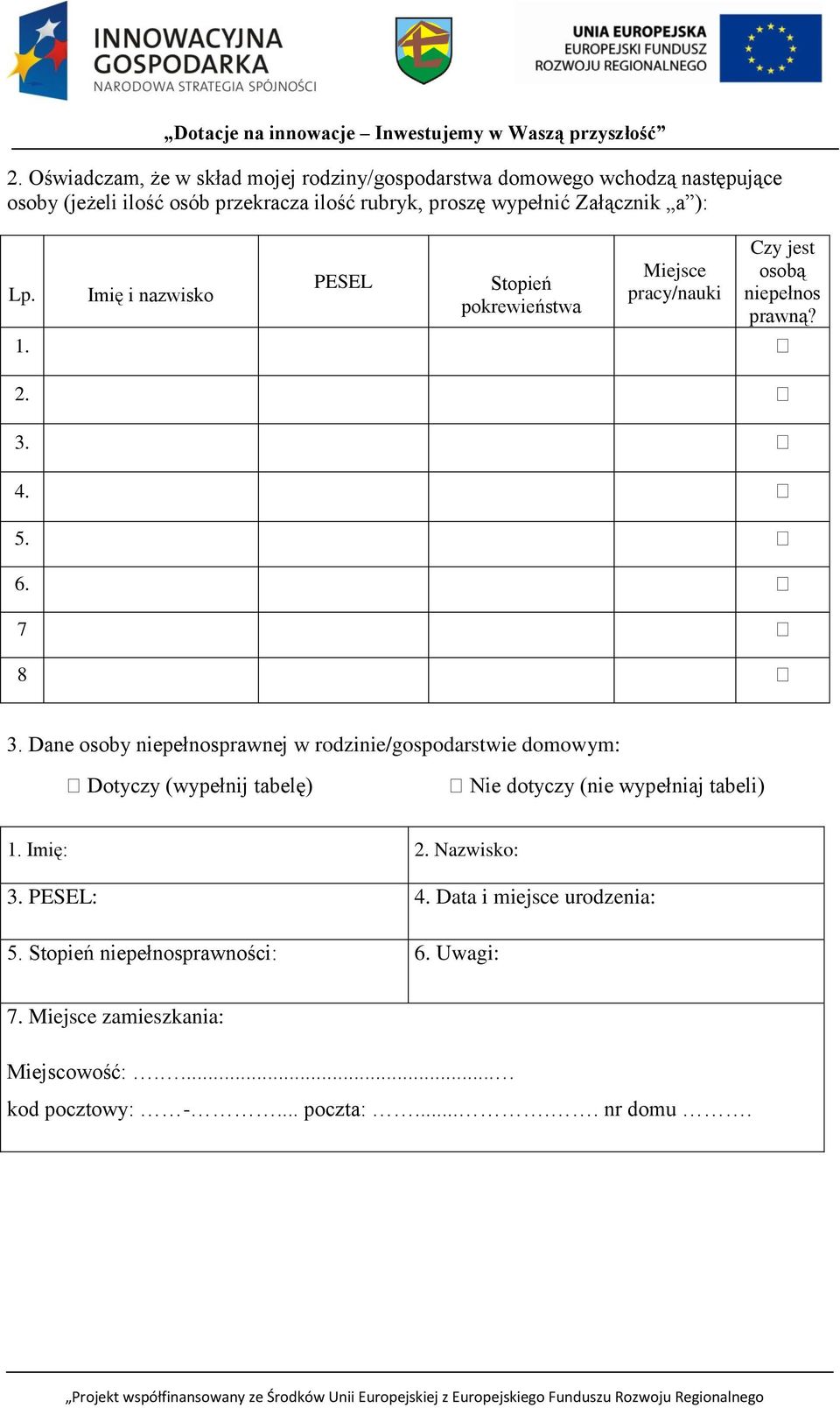 Dane osoby niepełnosprawnej w rodzinie/gospodarstwie domowym: Dotyczy (wypełnij tabelę) Nie dotyczy (nie wypełniaj tabeli) 1. Imię: 2. Nazwisko: 3.