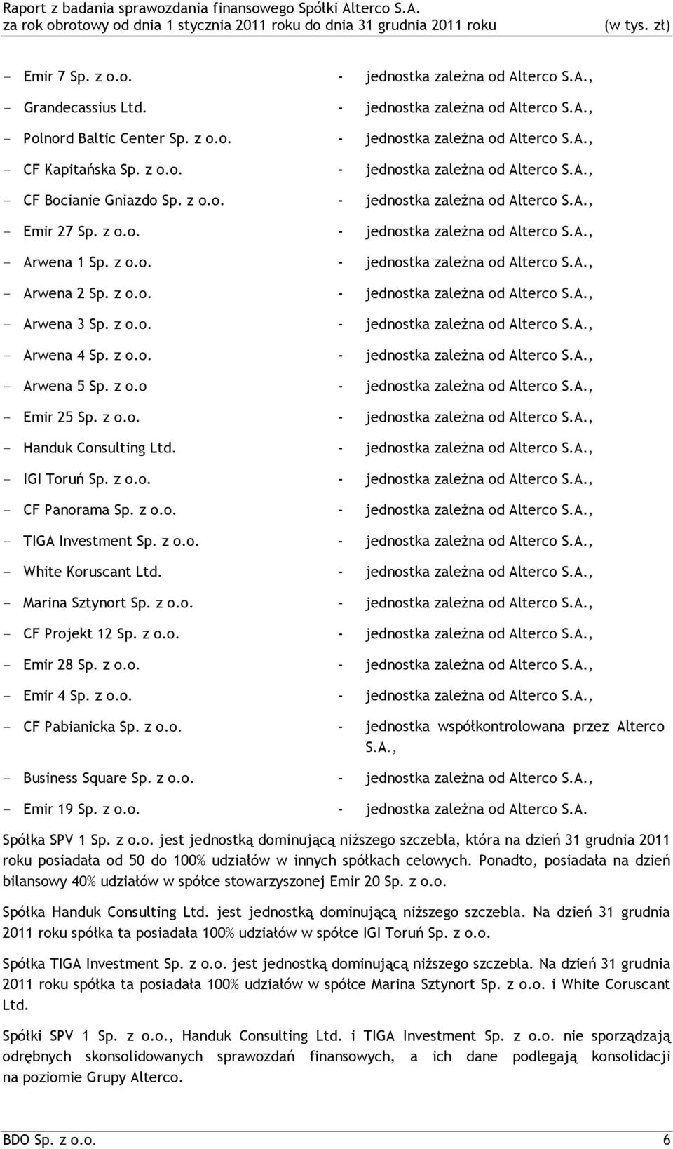 z o.o. CF Projekt 12 Sp. z o.o. Emir 28 Sp. z o.o. Emir 4 Sp. z o.o. CF Pabianicka Sp. z o.o. Business Square Sp. z o.o. Emir 19 Sp. z o.o. jednostka współkontrolowana przez Al