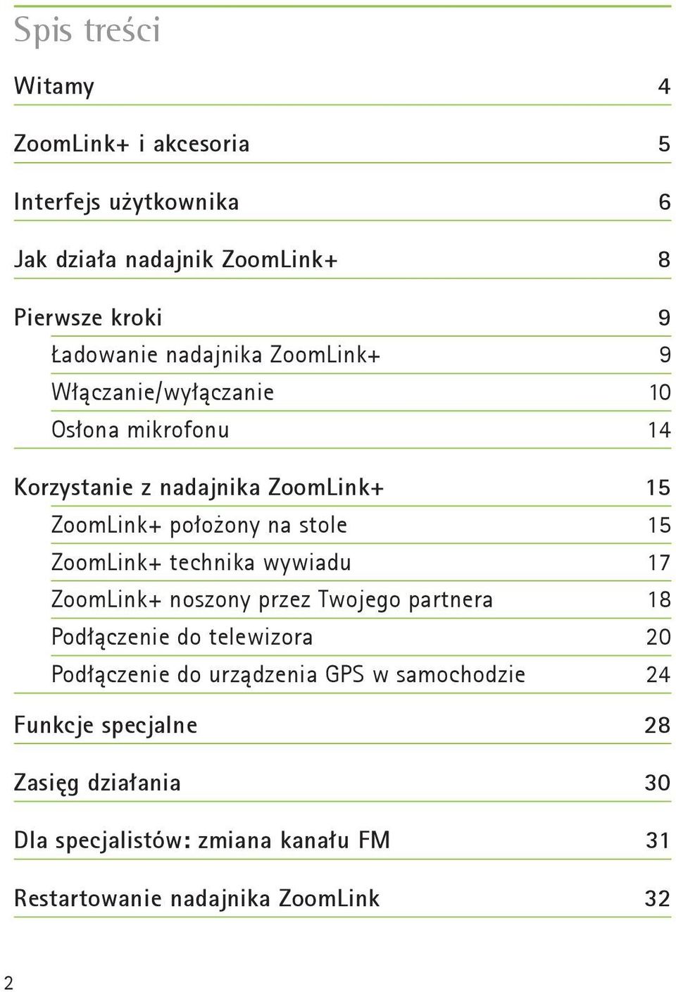 15 ZoomLink+ technika wywiadu 17 ZoomLink+ noszony przez Twojego partnera 18 Podłączenie do telewizora 20 Podłączenie do urządzenia