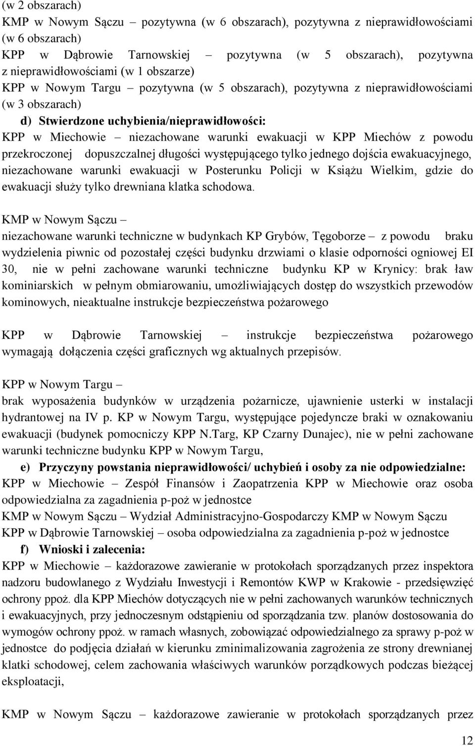 Miechów z powodu przekroczonej dopuszczalnej długości występującego tylko jednego dojścia ewakuacyjnego, niezachowane warunki ewakuacji w Posterunku Policji w Książu Wielkim, gdzie do ewakuacji służy