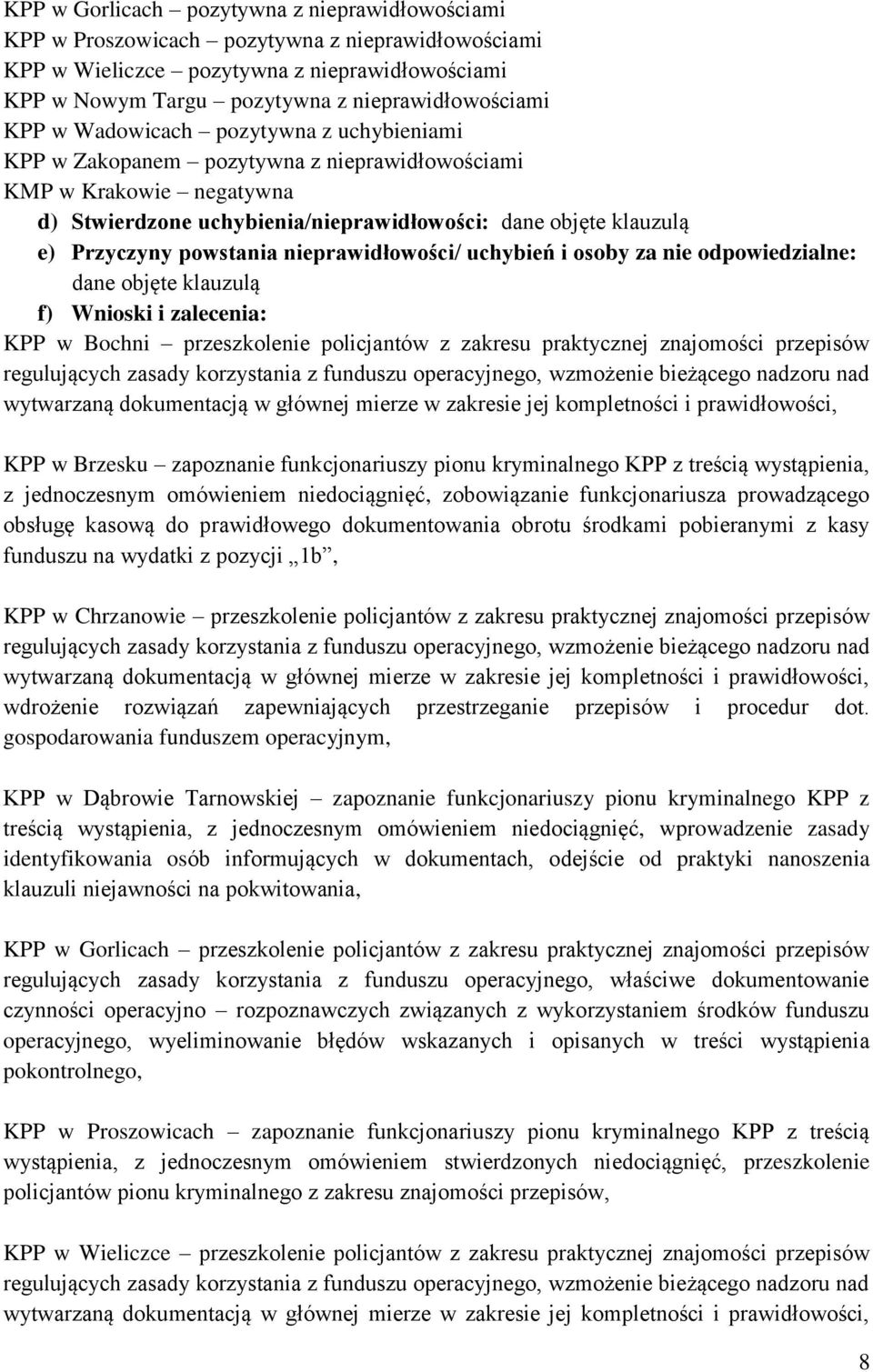 powstania nieprawidłowości/ uchybień i osoby za nie odpowiedzialne: dane objęte klauzulą f) Wnioski i zalecenia: KPP w Bochni przeszkolenie policjantów z zakresu praktycznej znajomości przepisów