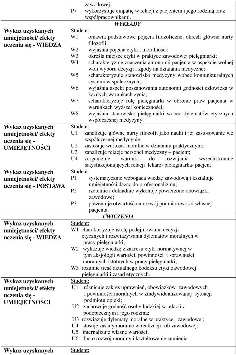 znaczenia autonomii pacjenta w aspekcie wolnej woli wyboru decyzji i zgody na działania medyczne; W scharakteryzuje stanowisko medycyny wobec koniunkturalnych systemów społecznych; W6 wyjaśnia aspekt