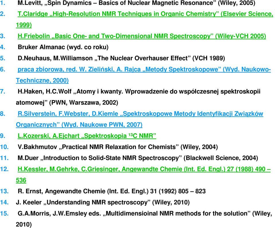 Naukowo- Techniczne, 2000) 7. H.Haken, H.C.Wolf Atomy i kwanty. Wprowadzenie do współczesnej spektroskopii atomowej (PWN, Warszawa, 2002) 8. R.Silverstein, F.Webster, D.