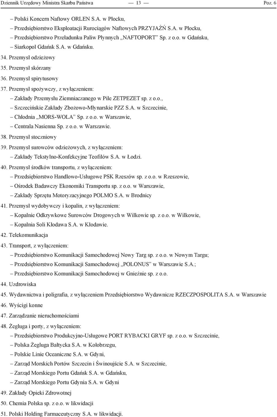 Przemysł spożywczy, z wyłączeniem: Zakłady Przemysłu Ziemniaczanego w Pile ZETPEZET sp. z o.o., Szczecińskie Zakłady Zbożowo-Młynarskie PZZ S.A. w Szczecinie, Chłodnia MORS-WOLA Sp. z o.o. w Warszawie, Centrala Nasienna Sp.