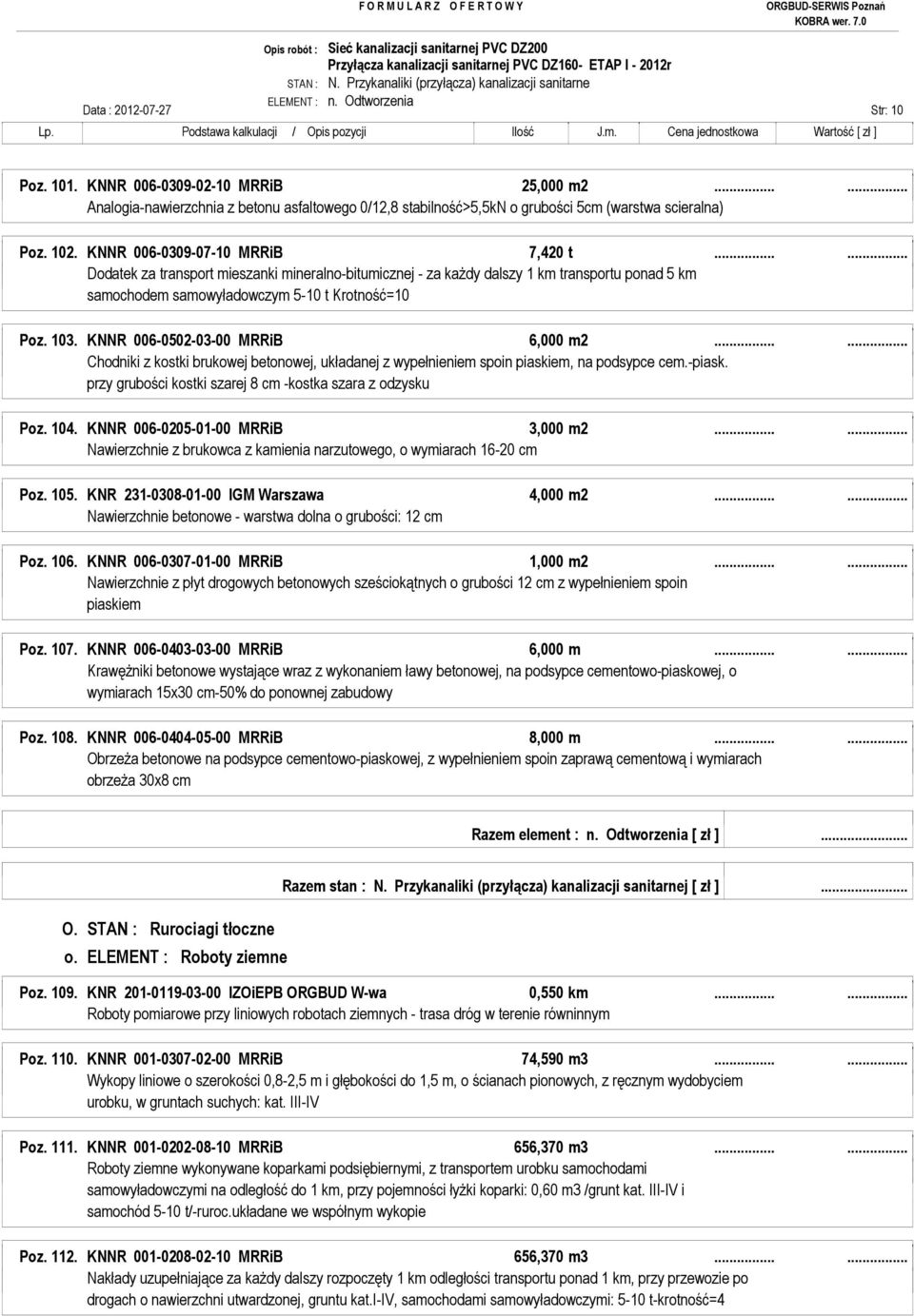 ..... Dodatek za transport mieszanki mineralno-bitumicznej - za każdy dalszy 1 km transportu ponad 5 km samochodem samowyładowczym 5-10 t Krotność=10 Poz. 103. KNNR 006-0502-03-00 MRRiB 6,000 m2.