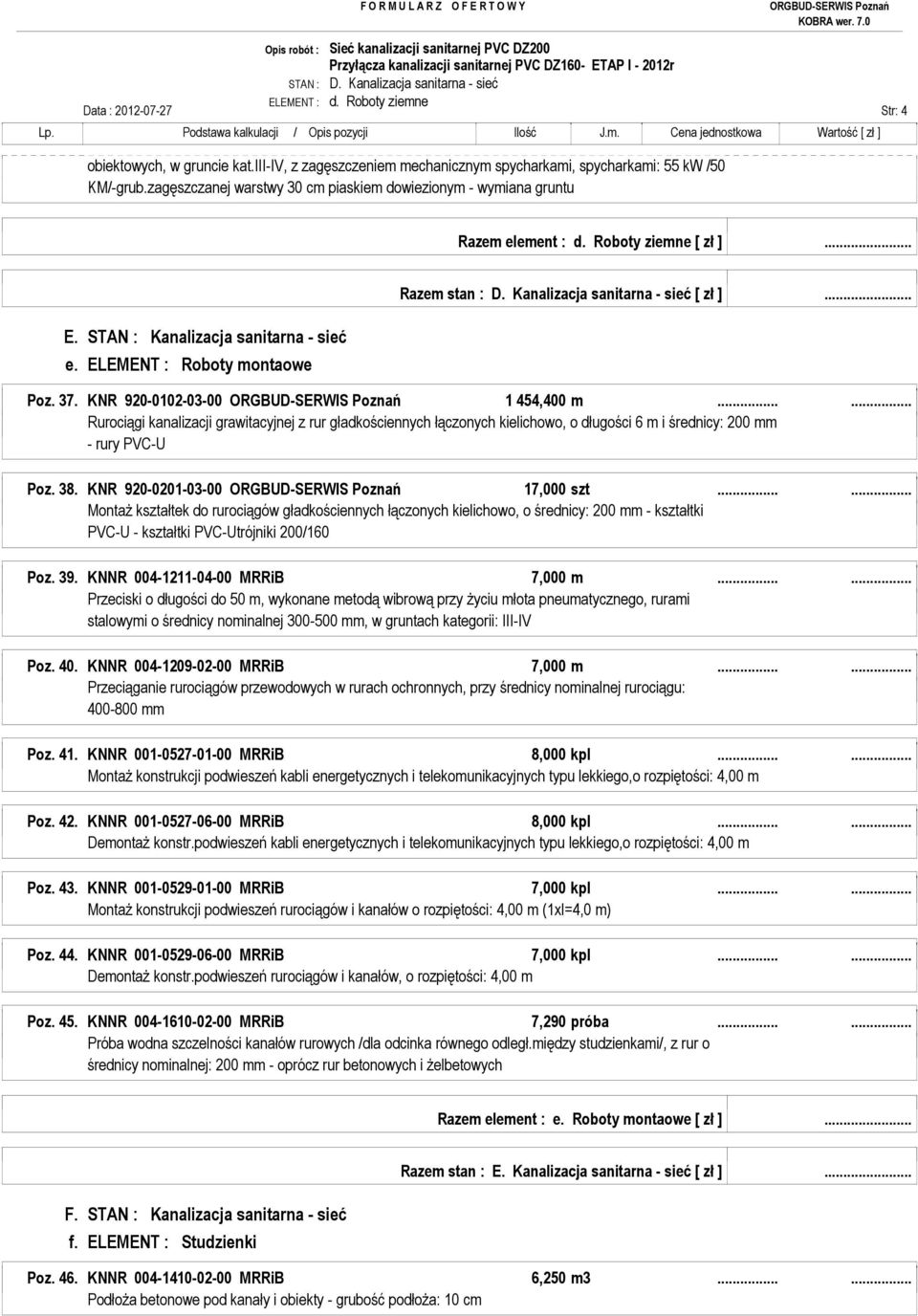 Kanalizacja sanitarna - sieć [ zł ]... Poz. 37. KNR 920-0102-03-00 1 454,400 m.