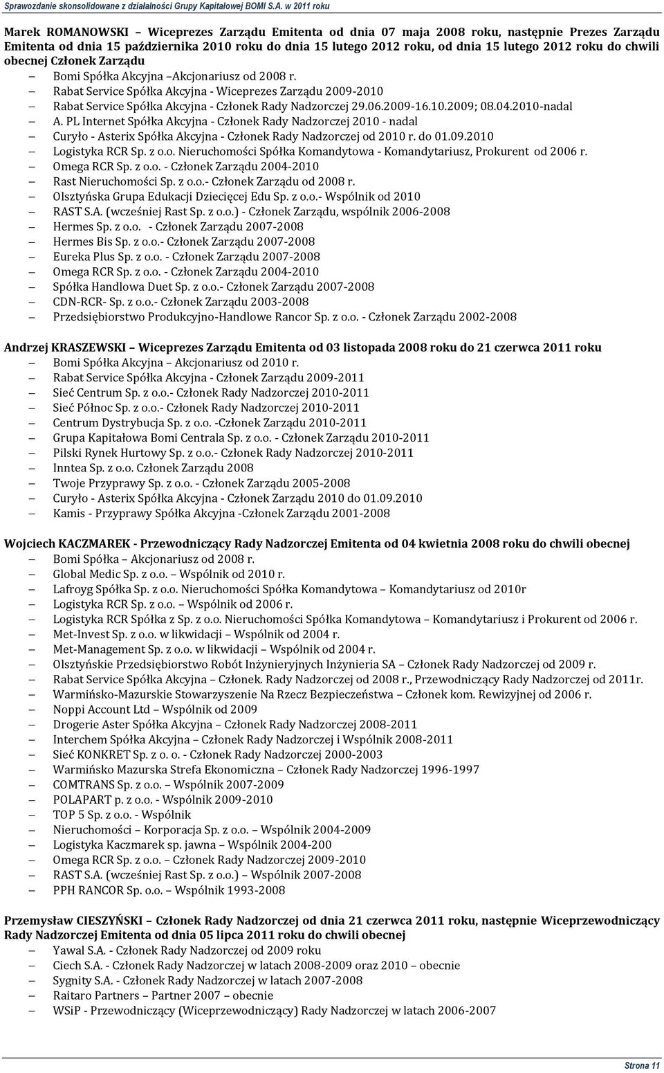 2009-16.10.2009; 08.04.2010-nadal A. PL Internet Spółka Akcyjna - Członek Rady Nadzorczej 2010 - nadal Curyło - Asterix Spółka Akcyjna - Członek Rady Nadzorczej od 2010 r. do 01.09.2010 Logistyka RCR Sp.
