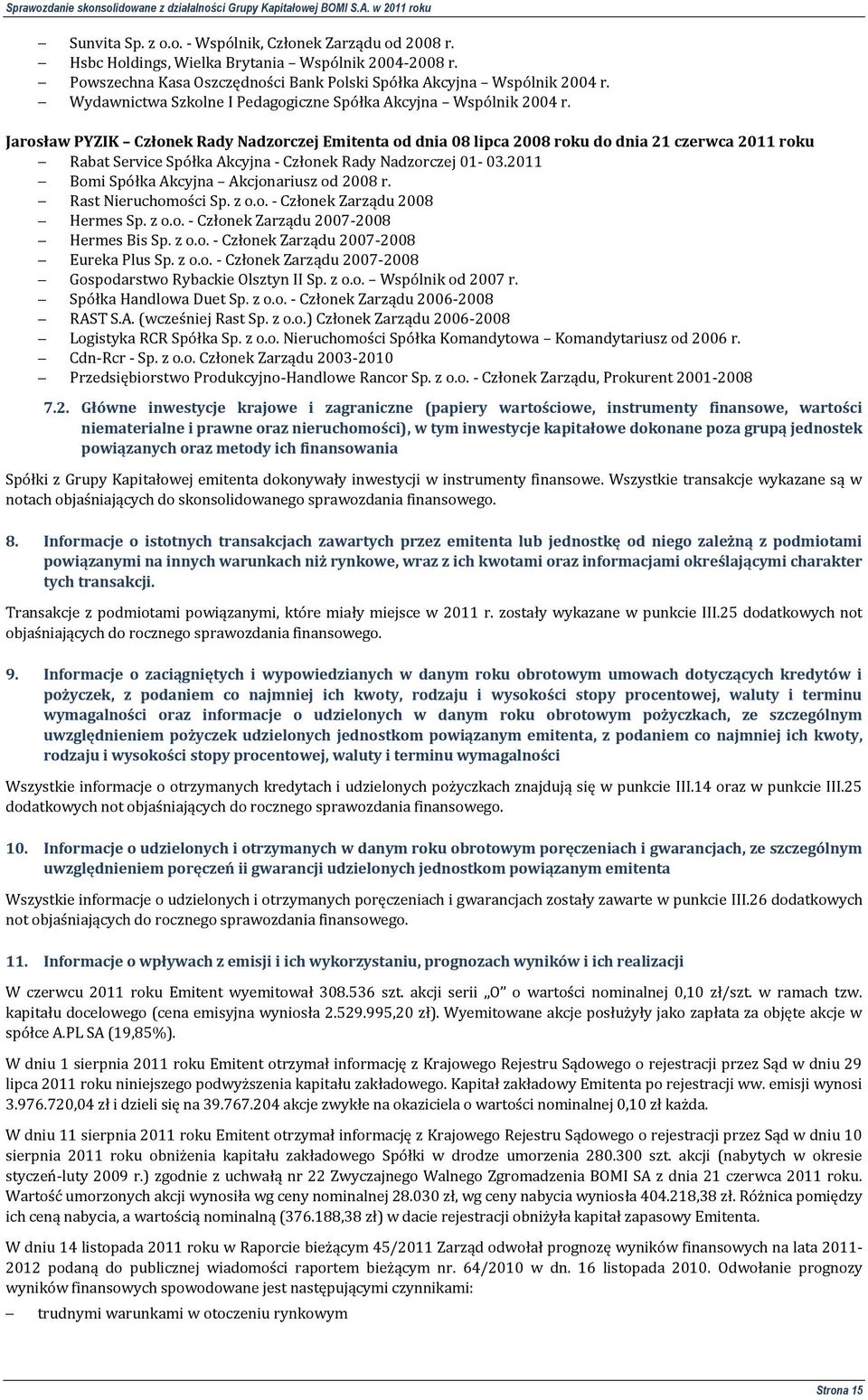 Jarosław PYZIK Członek Rady Nadzorczej Emitenta od dnia 08 lipca 2008 roku do dnia 21 czerwca 2011 roku Rabat Service Spółka Akcyjna - Członek Rady Nadzorczej 01-03.