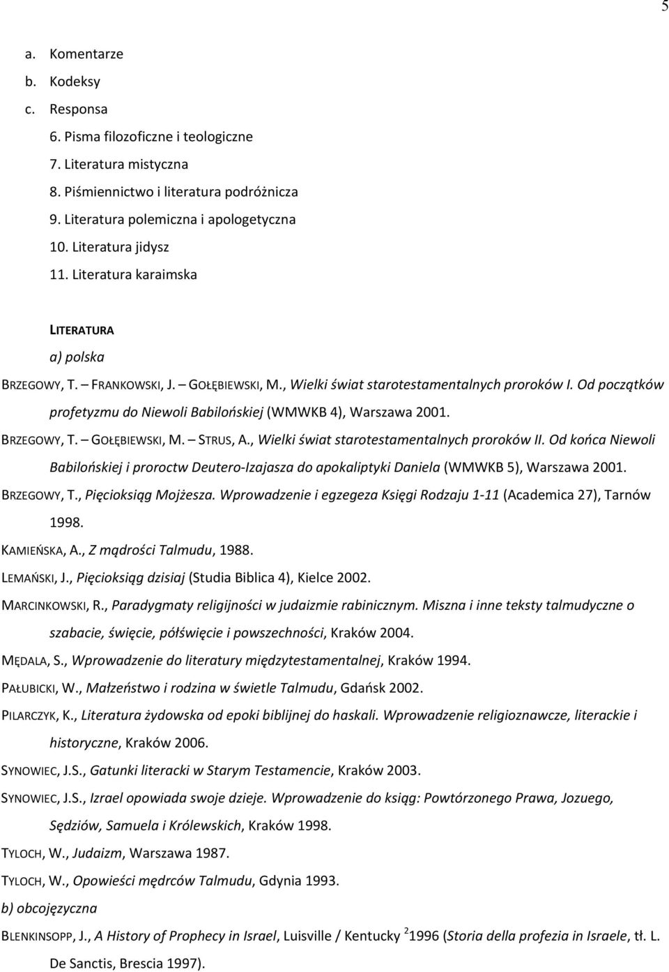 Od początków profetyzmu do Niewoli Babilońskiej (WMWKB 4), Warszawa 2001. BRZEGOWY, T. GOŁĘBIEWSKI, M. STRUS, A., Wielki świat starotestamentalnych proroków II.