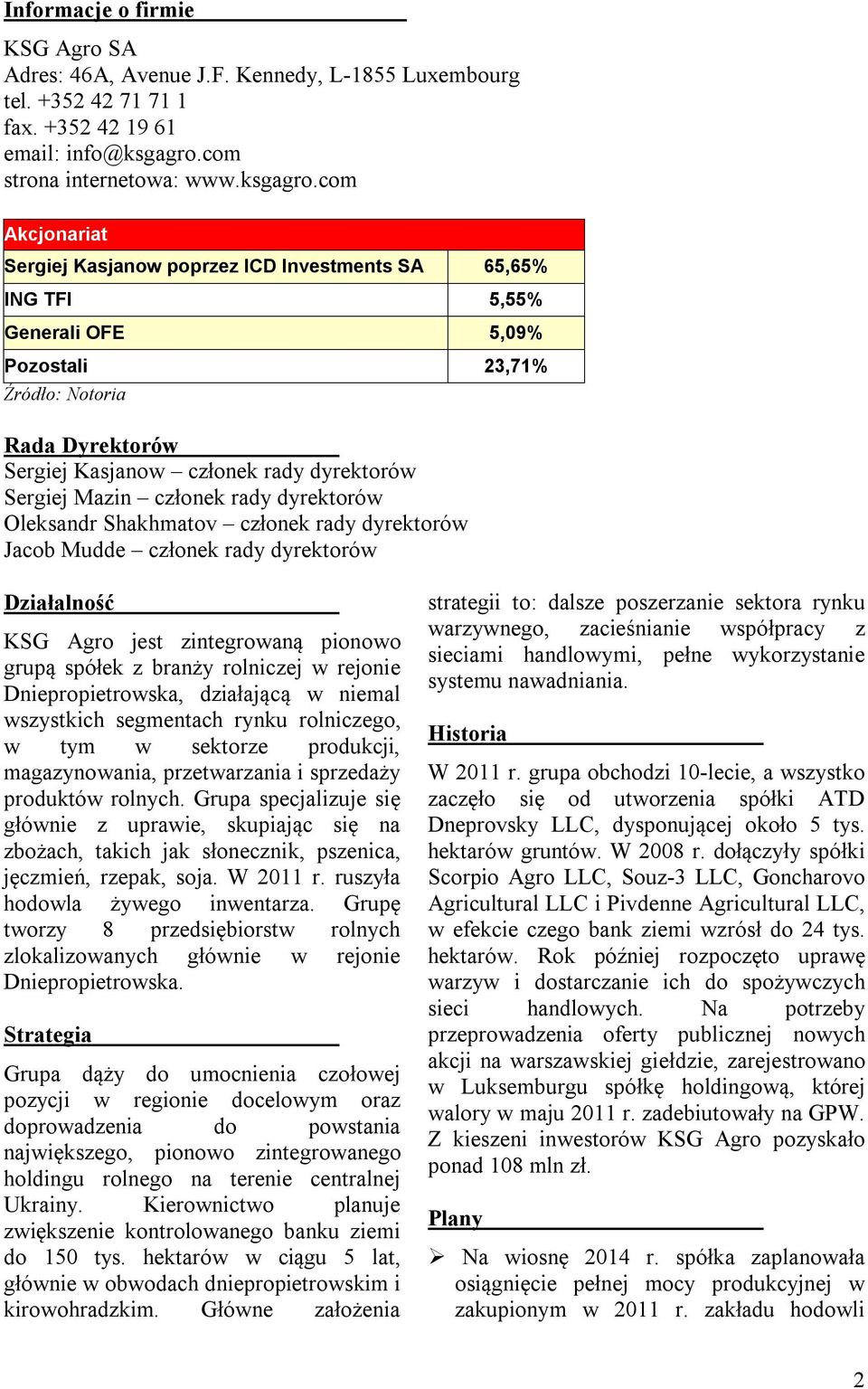 com Akcjonariat Sergiej Kasjanow poprzez ICD Investments SA 65,65% ING TFI 5,55% Generali OFE 5,09% Pozostali 23,71% Źródło: Notoria Rada Dyrektorów Sergiej Kasjanow członek rady dyrektorów Sergiej