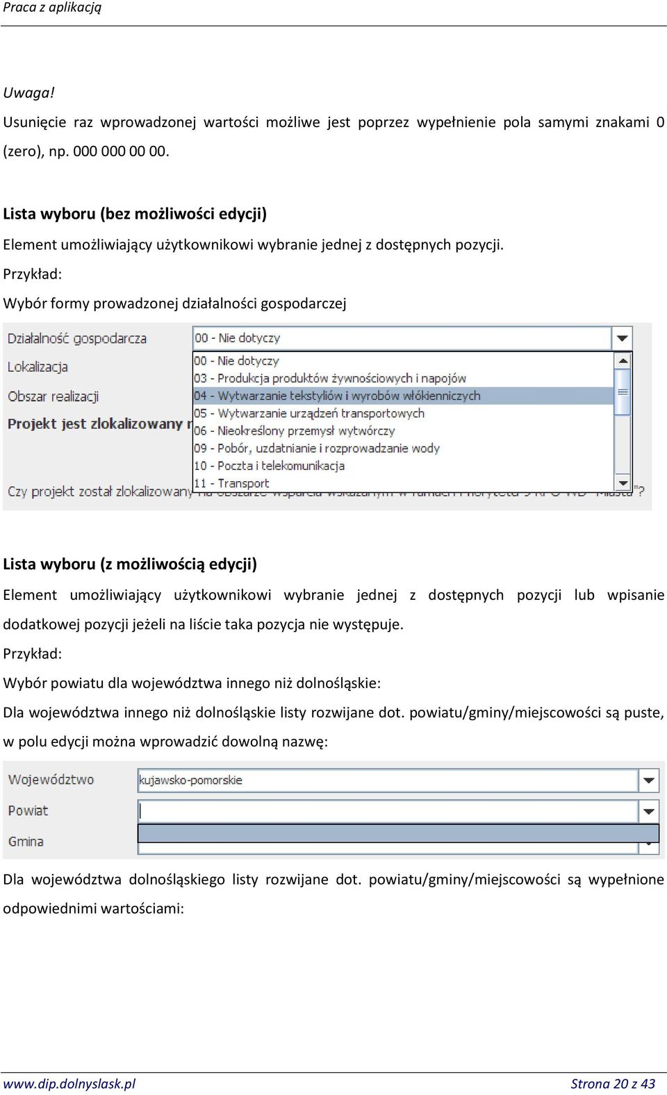 Przykład: Wybór formy prowadzonej działalności gospodarczej Lista wyboru (z możliwością edycji) Element umożliwiający użytkownikowi wybranie jednej z dostępnych pozycji lub wpisanie dodatkowej