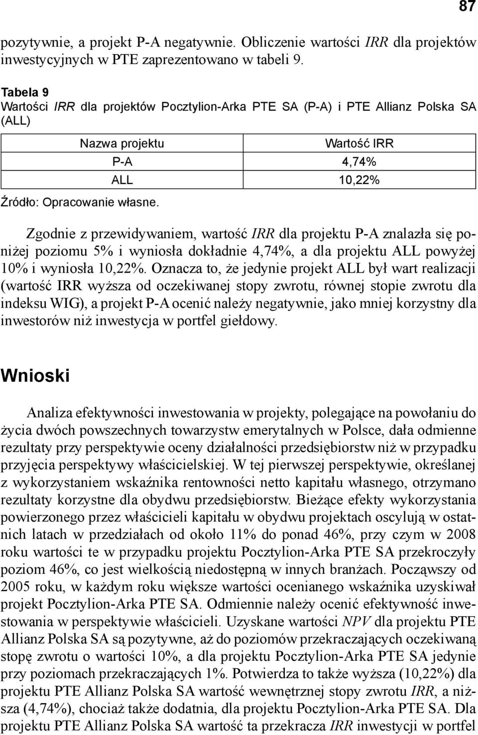 Zgodnie z przewidywaniem, wartość IRR dla projektu P-A znalazła się poniżej poziomu 5% i wyniosła dokładnie 4,74%, a dla projektu ALL powyżej 10% i wyniosła 10,22%.