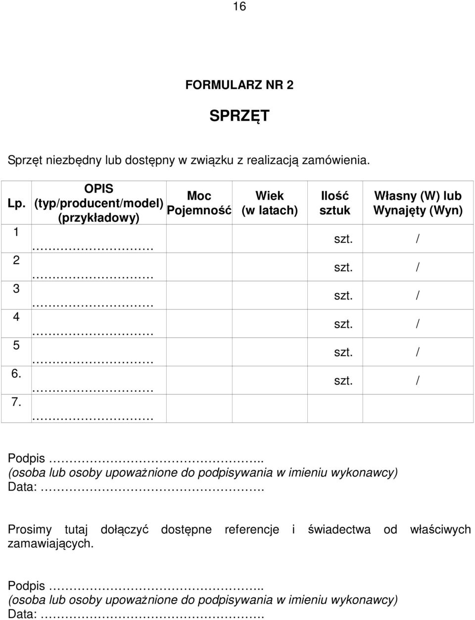 / szt. / szt. / szt. / szt. / Podpis.. (osoba lub osoby upoważnione do podpisywania w imieniu wykonawcy) Data:.