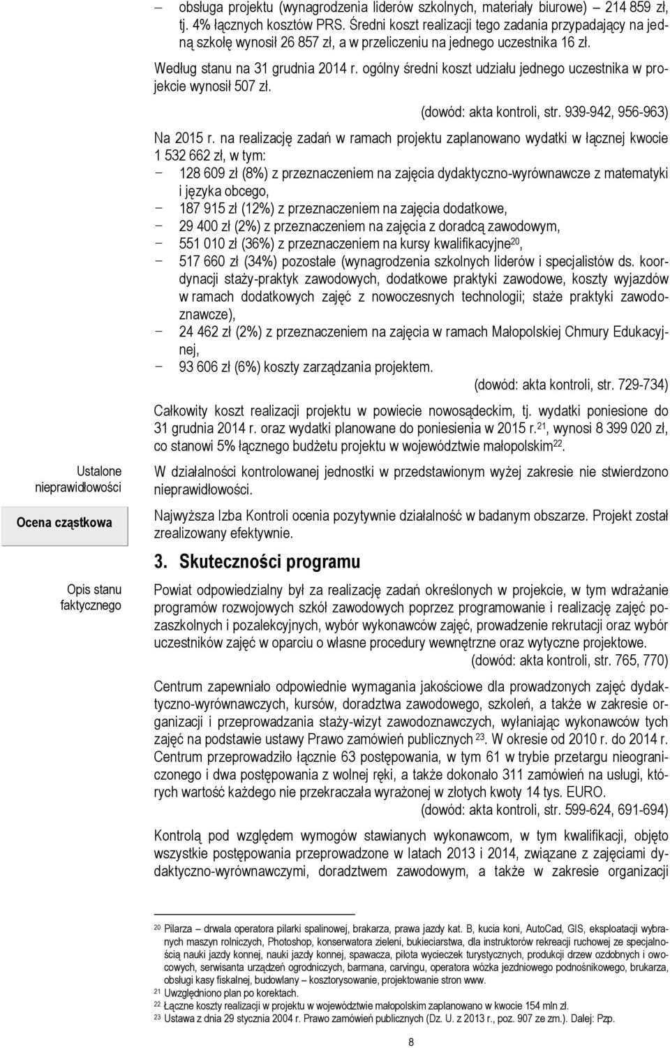 ogólny średni koszt udziału jednego uczestnika w projekcie wynosił 507 zł. (dowód: akta kontroli, str. 939-942, 956-963) Na 2015 r.