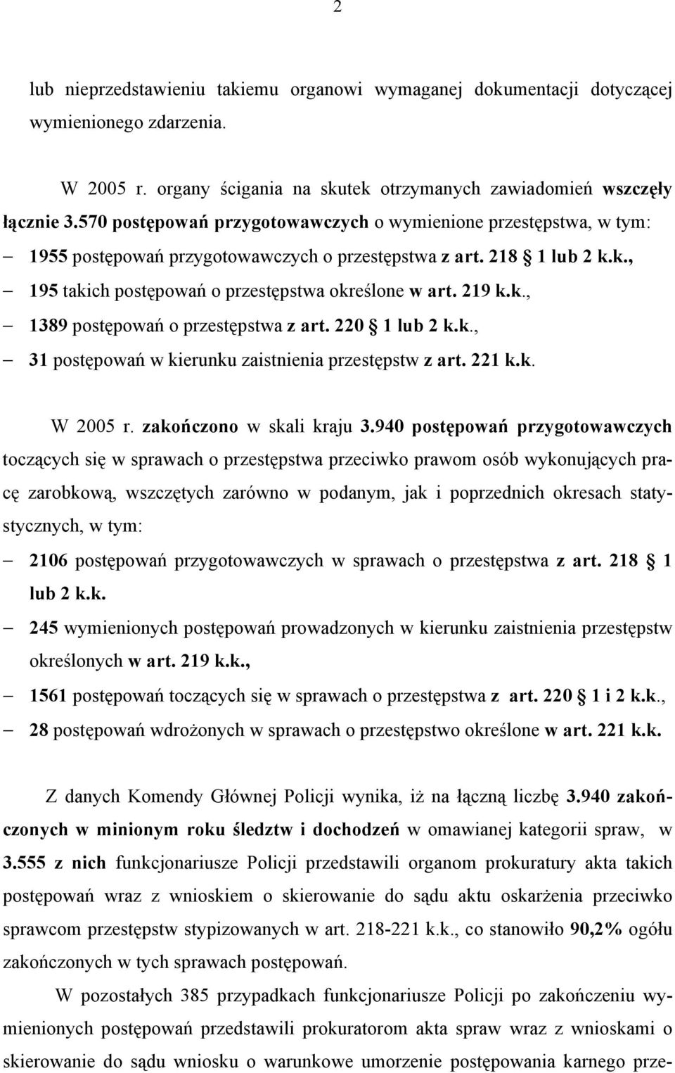 k., 1389 postępowań o przestępstwa z art. 220 1 lub 2 k.k., 31 postępowań w kierunku zaistnienia przestępstw z art. 221 k.k. W 2005 r. zakończono w skali kraju 3.