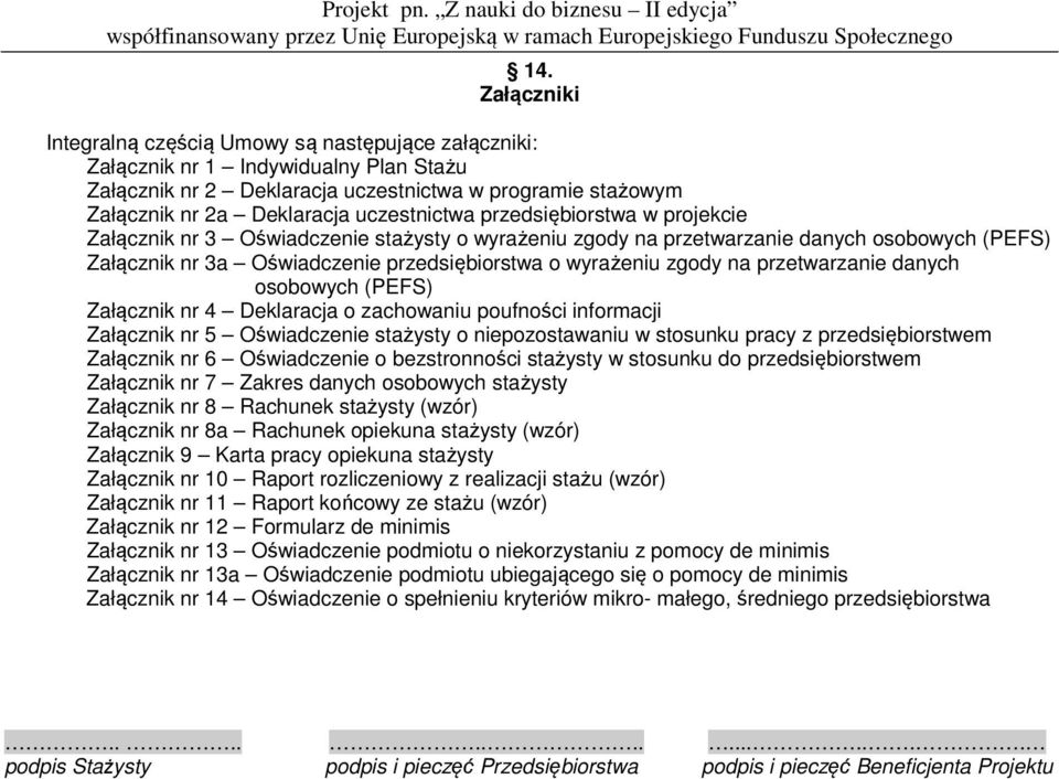 zgody na przetwarzanie danych osobowych (PEFS) Załącznik nr 4 Deklaracja o zachowaniu poufności informacji Załącznik nr 5 Oświadczenie stażysty o niepozostawaniu w stosunku pracy z przedsiębiorstwem