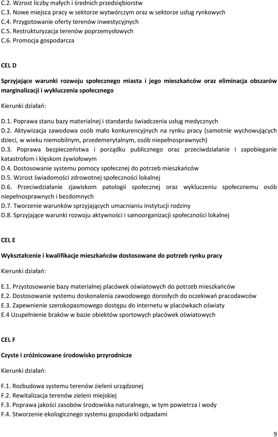 Promocja gospodarcza CEL D Sprzyjające warunki rozwoju społecznego miasta i jego mieszkańców oraz eliminacja obszarów marginalizacji i wykluczenia społecznego Kierunki działań: D.1.