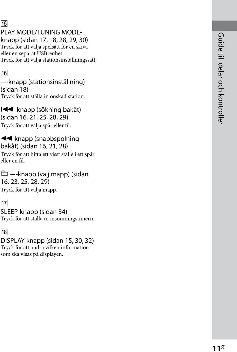 Guide till delar och kontroller -knapp (snabbspolning bakåt) (sidan 16, 21, 28) Tryck för att hitta ett visst ställe i ett spår eller en fil.