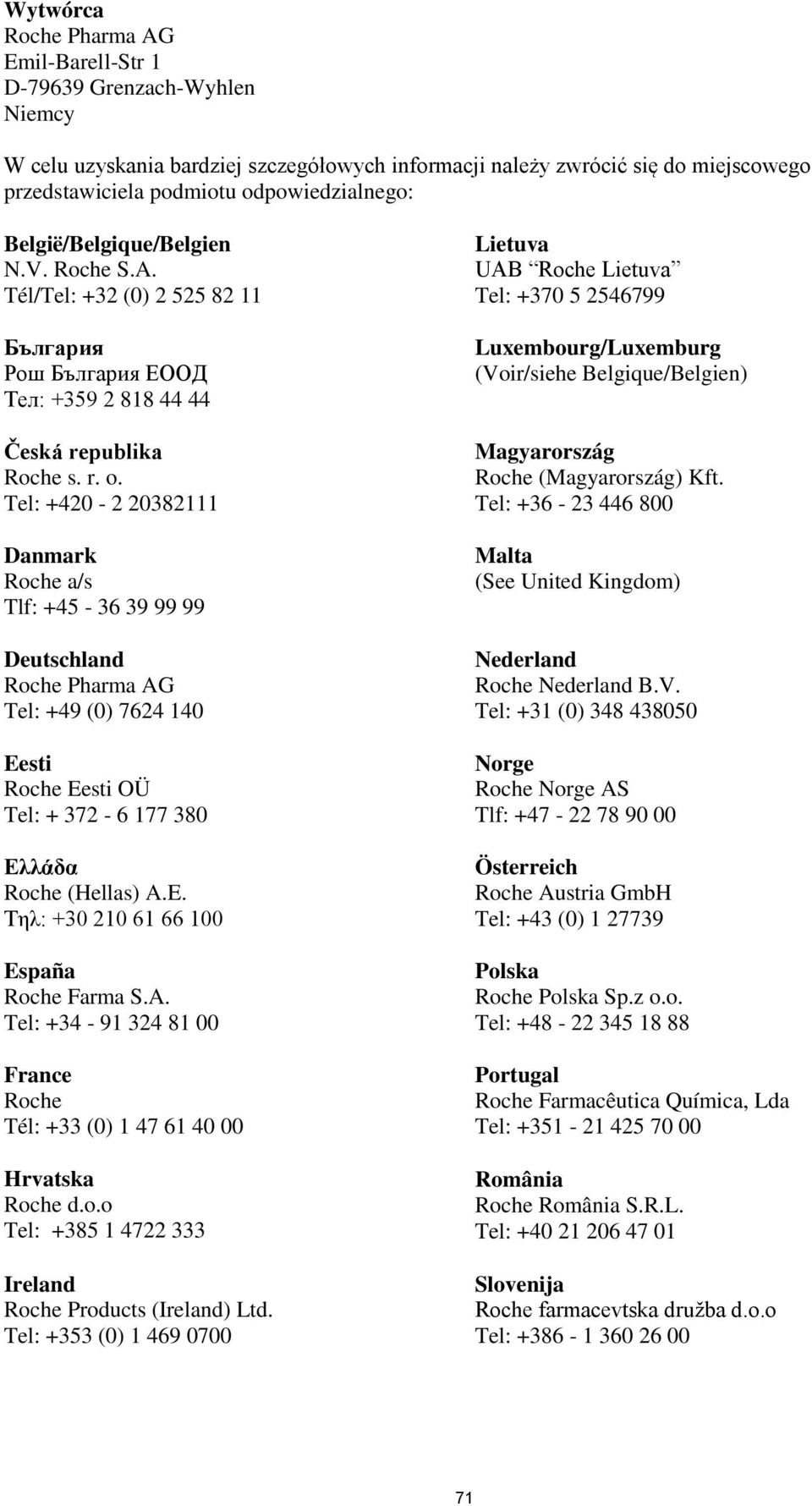 Tel: +420-2 20382111 Danmark Roche a/s Tlf: +45-36 39 99 99 Deutschland Roche Pharma AG Tel: +49 (0) 7624 140 Eesti Roche Eesti OÜ Tel: + 372-6 177 380 Ελλάδα Roche (Hellas) A.E. Τηλ: +30 210 61 66 100 España Roche Farma S.