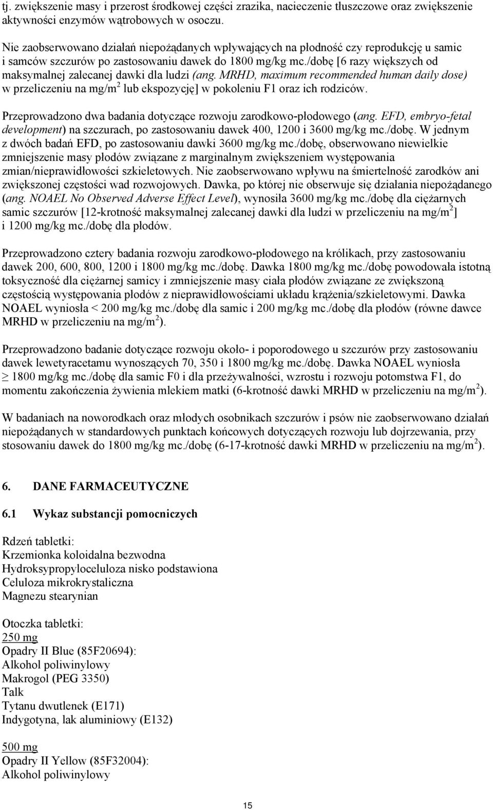 /dobę [6 razy większych od maksymalnej zalecanej dawki dla ludzi (ang. MRHD, maximum recommended human daily dose) w przeliczeniu na mg/m 2 lub ekspozycję] w pokoleniu F1 oraz ich rodziców.