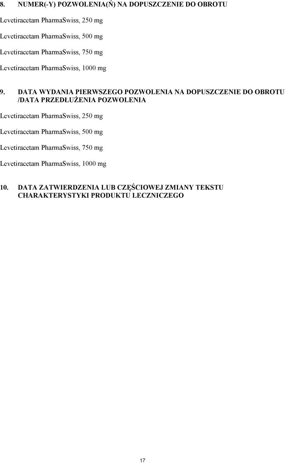 DATA WYDANIA PIERWSZEGO POZWOLENIA NA DOPUSZCZENIE DO OBROTU /DATA PRZEDŁUŻENIA POZWOLENIA Levetiracetam PharmaSwiss, 250 mg