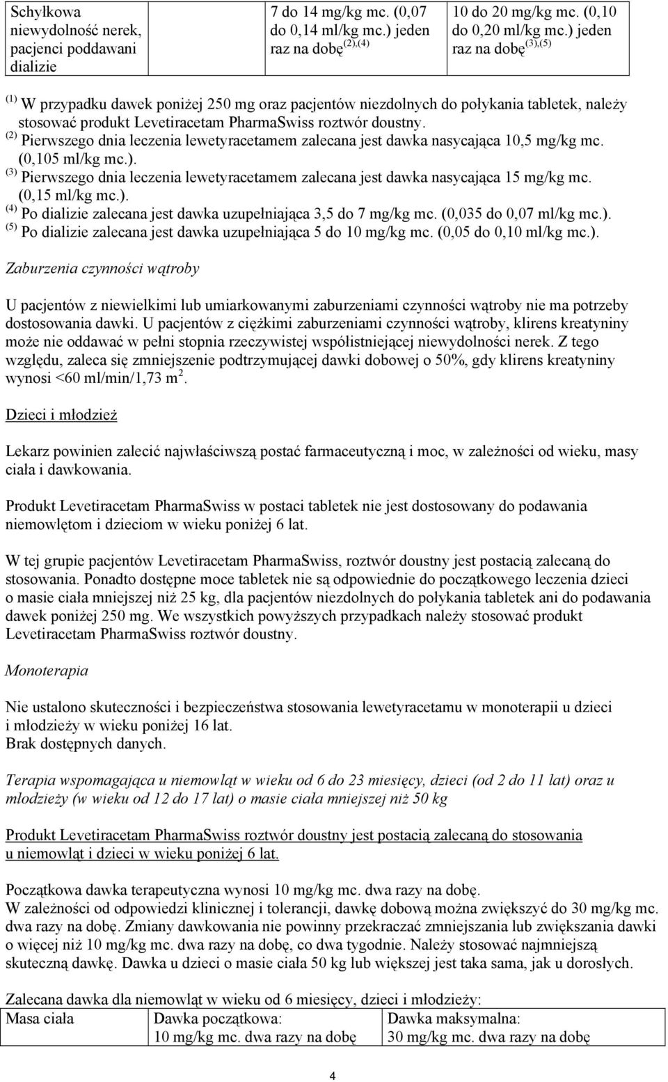 (2) Pierwszego dnia leczenia lewetyracetamem zalecana jest dawka nasycająca 10,5 mg/kg mc. (0,105 ml/kg mc.). (3) Pierwszego dnia leczenia lewetyracetamem zalecana jest dawka nasycająca 15 mg/kg mc.