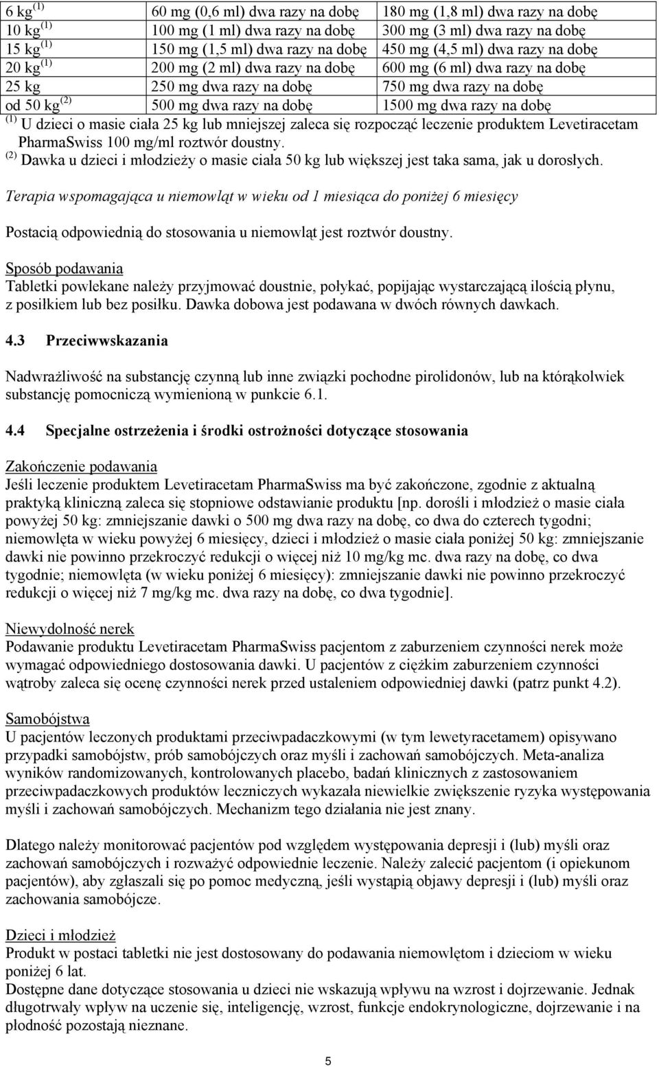 dwa razy na dobę (1) U dzieci o masie ciała 25 kg lub mniejszej zaleca się rozpocząć leczenie produktem Levetiracetam PharmaSwiss 100 mg/ml roztwór doustny.