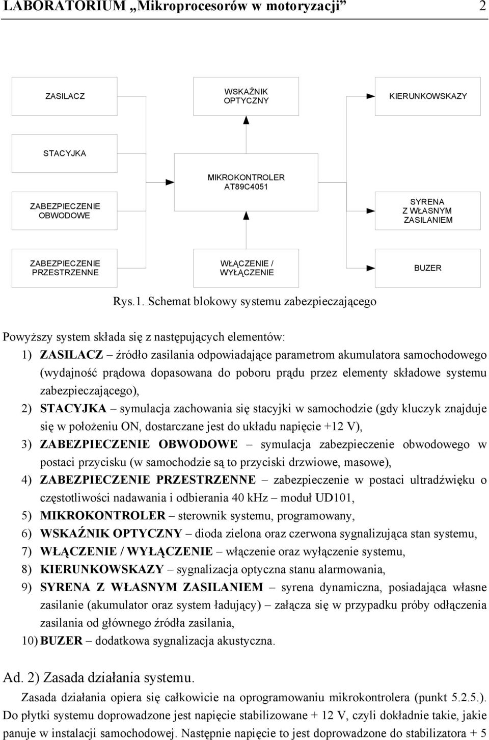 Schemat blokowy systemu zabezpieczającego Powyższy system składa się z następujących elementów: 1) ZASILACZ źródło zasilania odpowiadające parametrom akumulatora samochodowego (wydajność prądowa