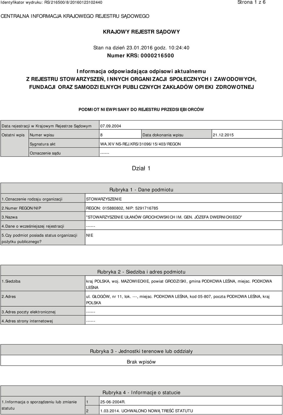 OPIEKI ZDROWOTNEJ PODMIOT NIEWPISANY DO REJESTRU PRZEDSIĘBIORCÓW Data rejestracji w Krajowym Rejestrze Sądowym 07.09.2004 Ostatni wpis Numer wpisu 8 Data dokonania wpisu 21.12.2015 Sygnatura akt WA.