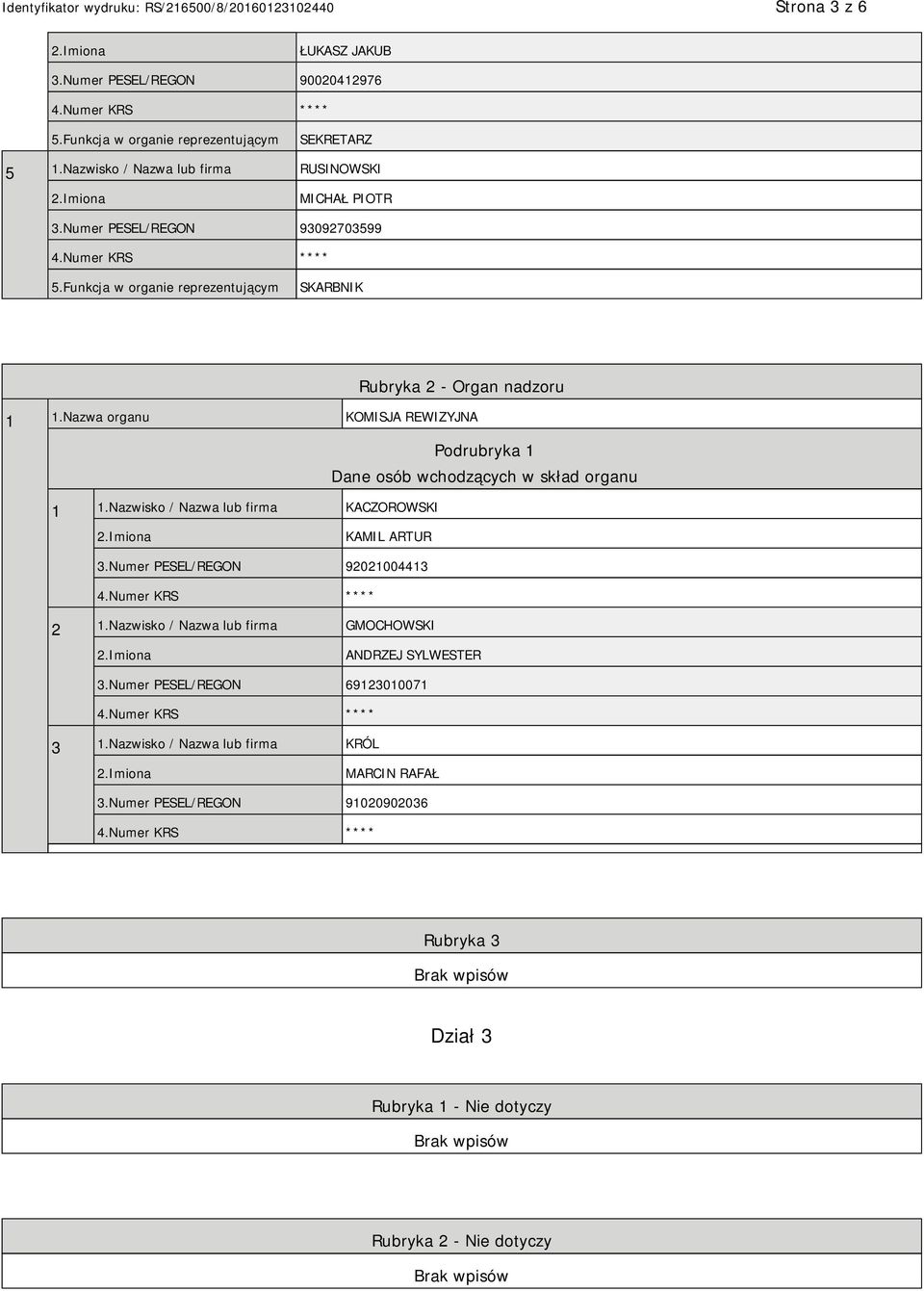 Nazwa organu KOMISJA REWIZYJNA Podrubryka 1 Dane osób wchodzących w skład organu 1 1.Nazwisko / Nazwa lub firma KACZOROWSKI KAMIL ARTUR 3.