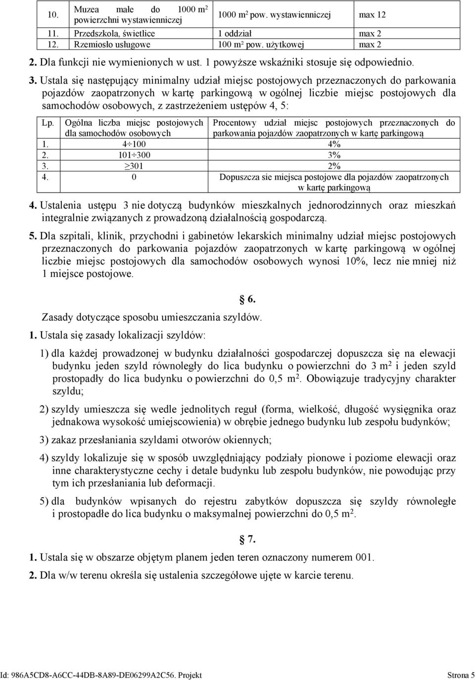 Ustala się następujący minimalny udział miejsc postojowych przeznaczonych do parkowania pojazdów zaopatrzonych w kartę parkingową w ogólnej liczbie miejsc postojowych dla samochodów osobowych, z