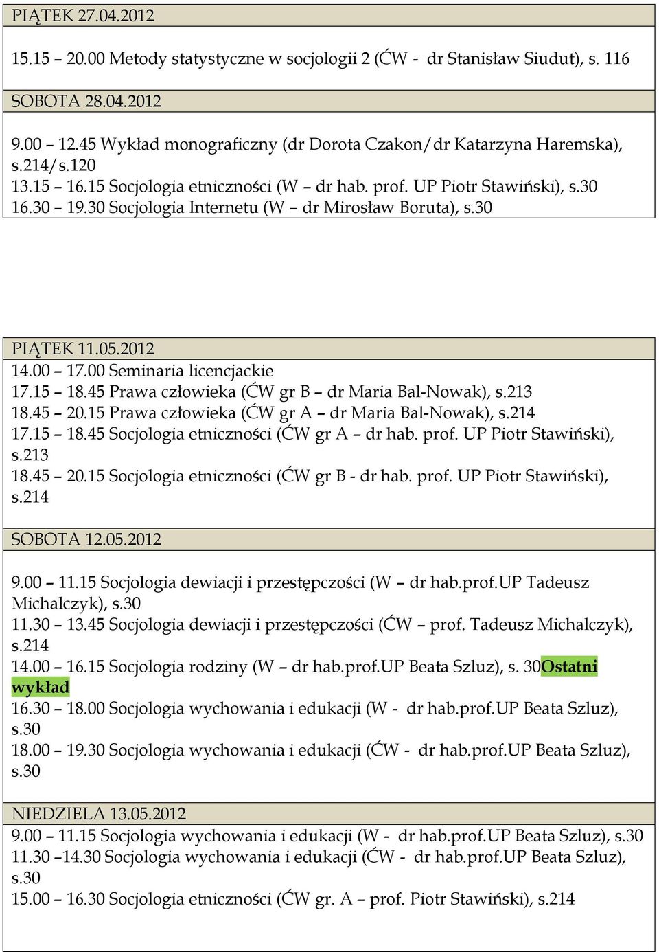 45 Prawa człowieka (ĆW gr B dr Maria Bal-Nowak), s.213 18.45 20.15 Prawa człowieka (ĆW gr A dr Maria Bal-Nowak), 17.15 18.45 Socjologia etniczności (ĆW gr A dr hab. prof. UP Piotr Stawiński), s.